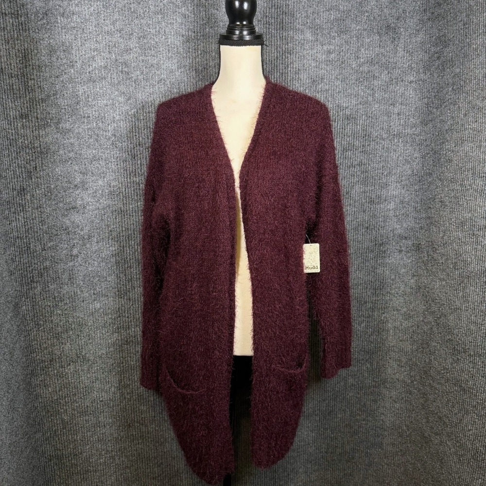 Mudd Eyelash Cardigan Women XXL Maroon NWT Fuzzy Open Longline Sweater Cozy Fall